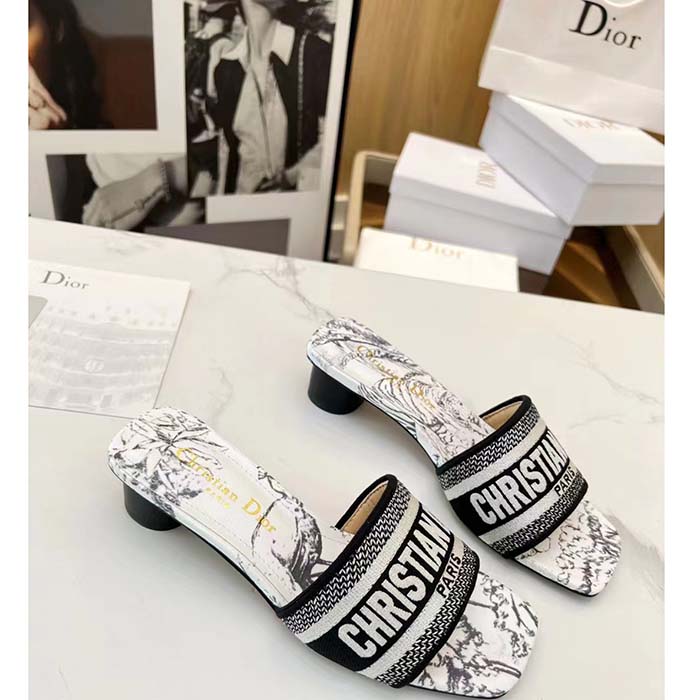 Dior Women Dway Heeled Slide White Black Embroidered Cotton Toile De Jouy Voyage Motif Reference: KCQ902VOY_S15W