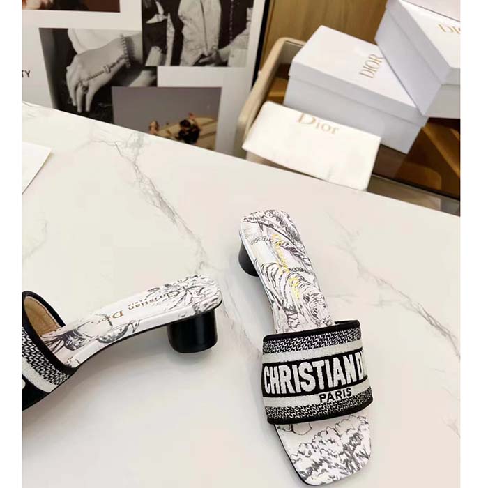 Dior Women Dway Heeled Slide White Black Embroidered Cotton Toile De Jouy Voyage Motif Reference: KCQ902VOY_S15W