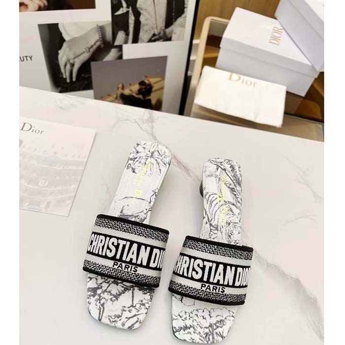 Dior Women Dway Heeled Slide White Black Embroidered Cotton Toile De Jouy Voyage Motif Reference: KCQ902VOY_S15W