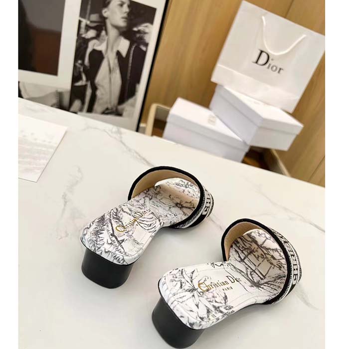Dior Women Dway Heeled Slide White Black Embroidered Cotton Toile De Jouy Voyage Motif Reference KCQ902VOY_S15W (9)