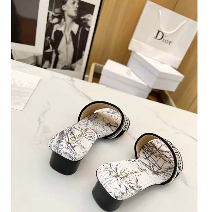 Dior Women Dway Heeled Slide White Black Embroidered Cotton Toile De Jouy Voyage Motif Reference: KCQ902VOY_S15W