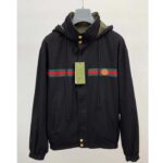 Gucci GG Men Cotton Jersey Sweatshirt Web Black Hooded Fixed Hood Drawstring Jacket - Image 2
