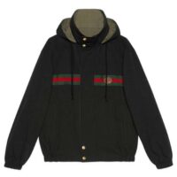 Gucci GG Men Cotton Jersey Sweatshirt Web Black Hooded Fixed Hood Drawstring Jacket (5)