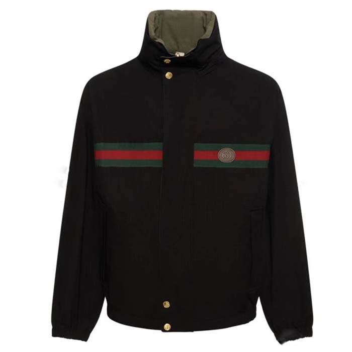Gucci GG Men Cotton Jersey Sweatshirt Web Black Hooded Fixed Hood Drawstring Jacket