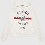 Gucci Men Cotton Gucci Firenze 1921 Hooded Sweatshirt White Jersey Long Sleeves Style ‎646953 XJD7O 9095