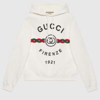 Gucci Men Cotton Gucci Firenze 1921 Hooded Sweatshirt White Jersey Long Sleeves Style ‎646953 XJD7O 9095 (5)