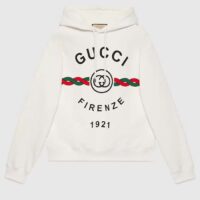 Gucci Men Cotton Gucci Firenze 1921 Hooded Sweatshirt White Jersey Long Sleeves Style ‎646953 XJD7O 9095