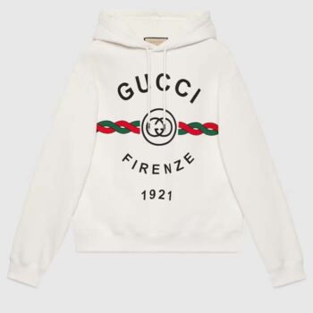 Gucci Men Cotton Gucci Firenze 1921 Hooded Sweatshirt White Jersey Long Sleeves Style ‎646953 XJD7O 9095