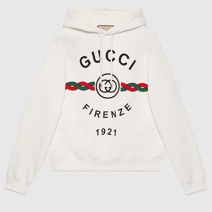 Gucci Men Cotton Gucci Firenze 1921 Hooded Sweatshirt White Jersey Long Sleeves Style ‎646953 XJD7O 9095