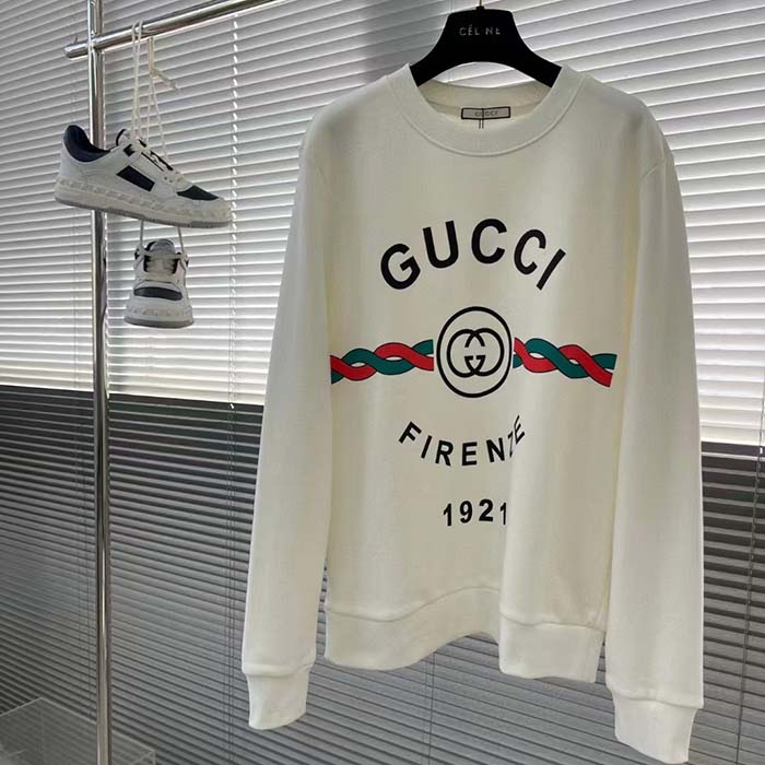 Gucci Men Cotton Gucci Firenze 1921 Hooded Sweatshirt White Jersey Long Sleeves Style ‎646953 XJD7O 9095 (6)