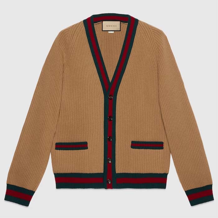 Gucci Men GG Knit Wool Cardigan Web V-Neck Long Sleeves