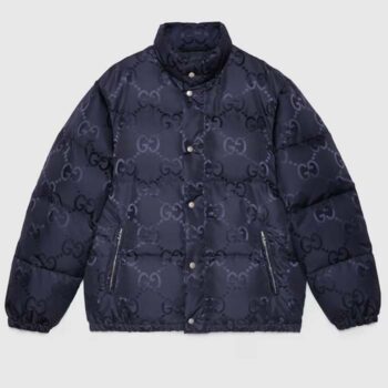 Gucci Men Jumbo GG Canvas Down Jacket Blue Nylon Front Zip Pockets Style ‎694161 Z8A53 4348