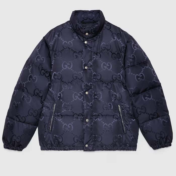 Gucci Men Jumbo GG Canvas Down Jacket Blue Nylon Front Zip Pockets Style ‎694161 Z8A53 4348