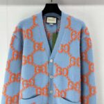 Gucci Men Wool Cardigan GG Intarsia Blue V-Neck Long Sleeves - Image 4