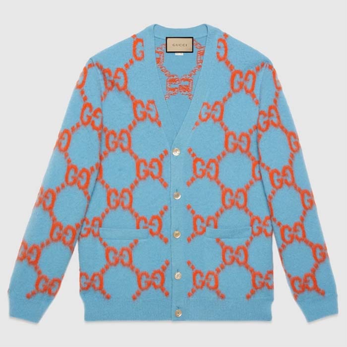 Gucci Men Wool Cardigan GG Intarsia Blue V-Neck Long Sleeves
