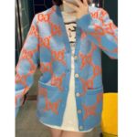 Gucci Women Wool Cardigan GG Intarsia Blue V-Neck Long Sleeves - Image 11