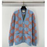 Gucci Men Wool Cardigan GG Intarsia Blue V-Neck Long Sleeves - Image 2