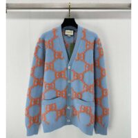 Gucci Men Wool Cardigan GG Intarsia Blue V-Neck Long Sleeves (12)