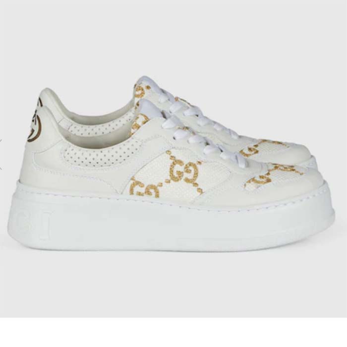 Gucci Unisex GG Sneaker White Leather Lace-Up Mid-Heel