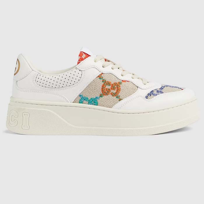 Gucci Unisex GG Sneaker White Leather Rubber Sole Mid-Heel