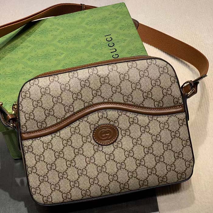 Gucci Unisex Messenger Bag Interlocking G Beige Ebony GG Supreme Canvas Brown Leather Style ‎675891 92THG 8563 (10)