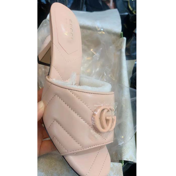 Gucci Women Double G Slide Sandal Beige Chevron Matelassé Leather Mid 7.6 CM Heel (1)