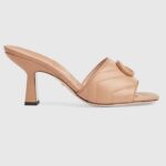 Gucci Women Double G Slide Sandal Beige Chevron Matelassé Leather Mid 7.6 CM Heel