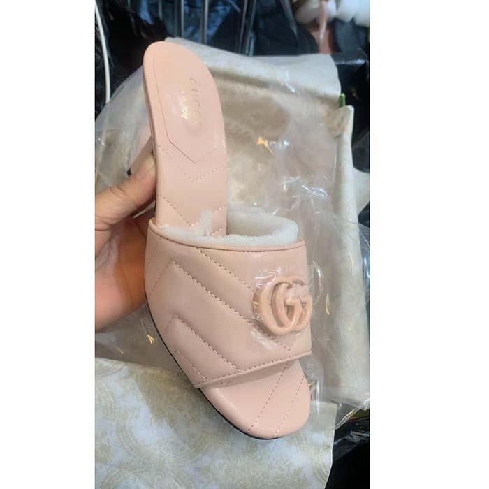 Gucci Women Double G Slide Sandal Beige Chevron Matelassé Leather Mid 7.6 CM Heel (5)