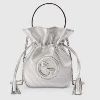 Gucci Women GG Blondie Mini Bucket Bag Silver Metallic Leather