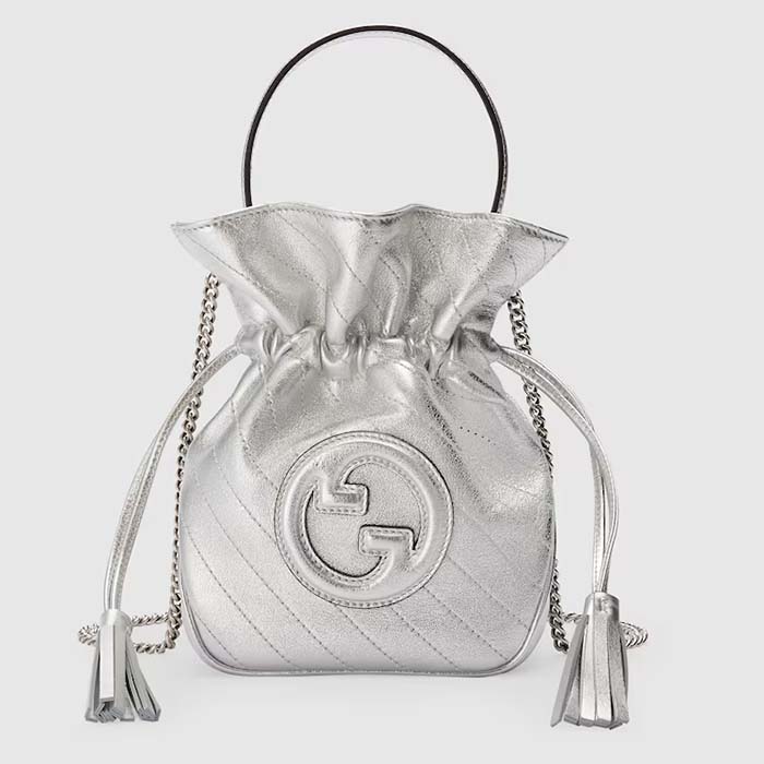 Gucci Women GG Blondie Mini Bucket Bag Silver Metallic Leather