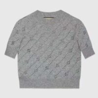 Gucci Women GG Cashmere Crewneck Interlocking G Grey Diagonal Stripe Crystals