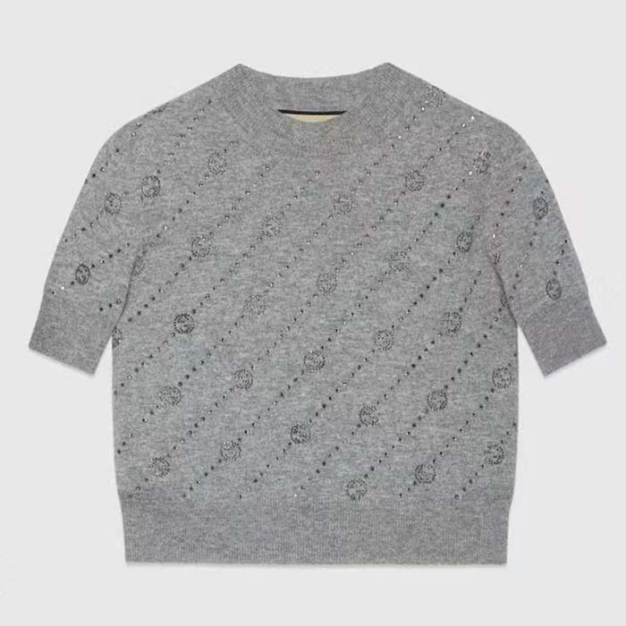 Gucci Women GG Cashmere Crewneck Interlocking G Grey Diagonal Stripe Crystals