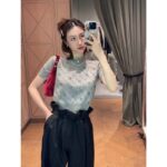 Gucci Women GG Cashmere Crewneck Interlocking G Grey Diagonal Stripe Crystals - Image 12