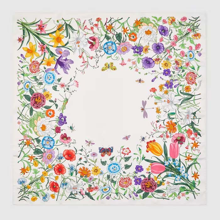 Gucci Women GG Flora Print Silk Carré Multicolor White Twill