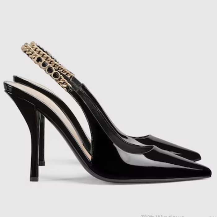 Gucci Women GG Gucci Signoria Slingback Pump Black Patent Leather High Heel