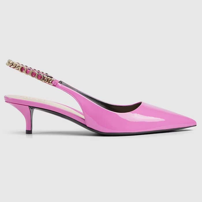 Gucci Women GG Gucci Signoria Slingback Pump Pink Patent Leather Low Heel