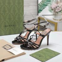 Gucci Women GG Horsebit Sandal Black Leather Crystals High 10.4 CM Heel (9)