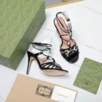 Gucci Women GG Horsebit Sandal Black Leather Crystals High 10.4 CM Heel - Image 6