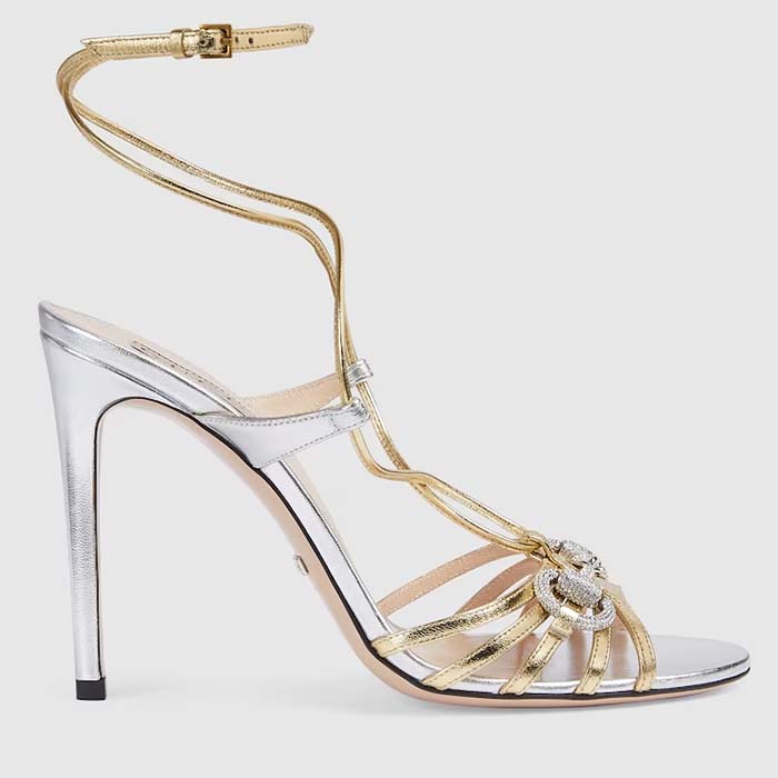 Gucci Women GG Horsebit Sandal Metallic Silver Gold Leather Crystals High Heel