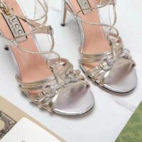 Gucci Women GG Horsebit Sandal Metallic Silver Gold Leather Crystals High Heel (10)