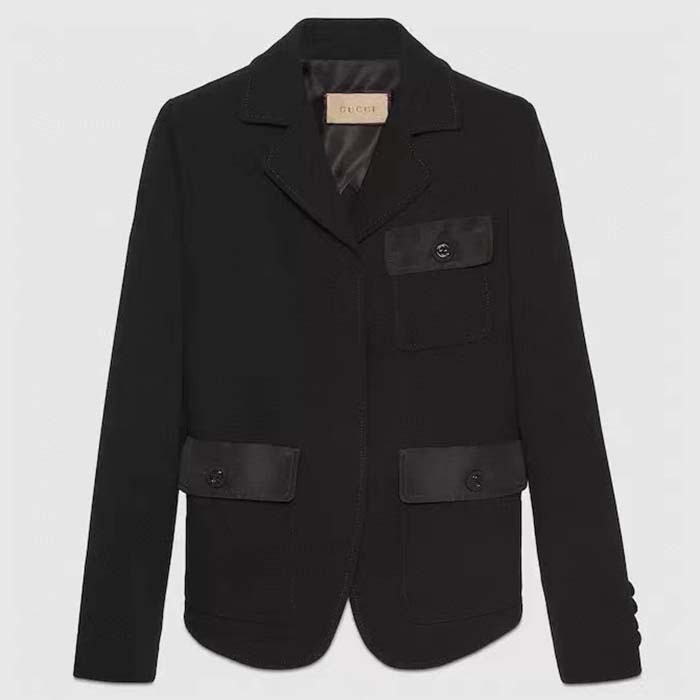 Gucci Women GG Wool Jacquard Jacket Black Lined Notch Lapel Petite Fit