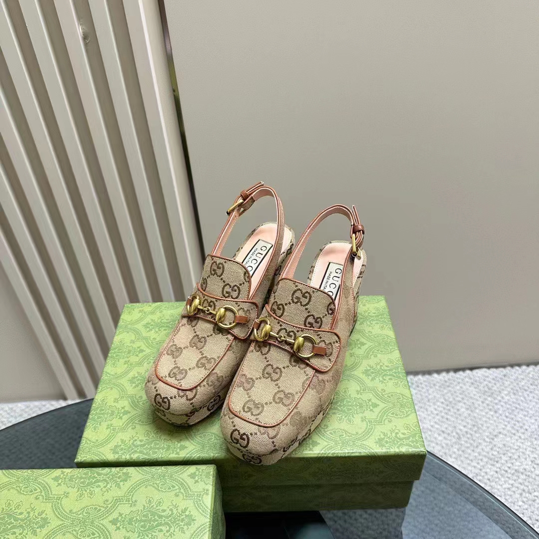 Gucci Women Horsebit Mule Beige Ebony Original GG Canvas Mid 8.4 CM Heel Style ‎776916 G1730 9755
