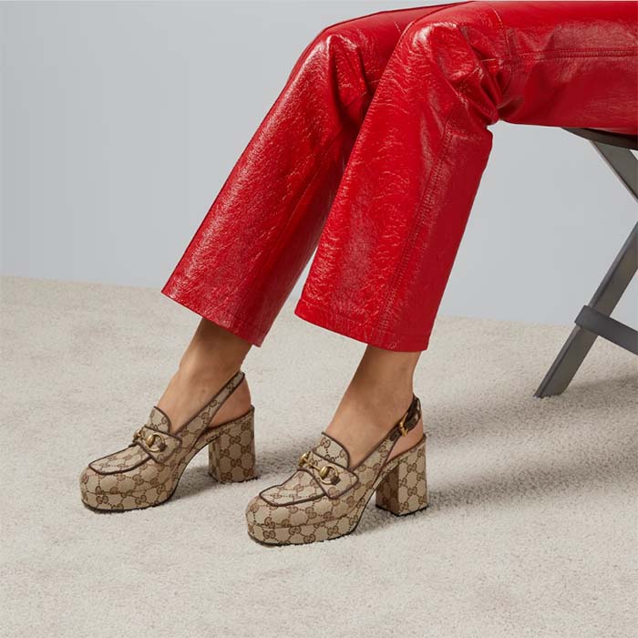 Gucci Women Horsebit Mule Beige Ebony Original GG Canvas Mid 8.4 CM Heel Style ‎776916 G1730 9755