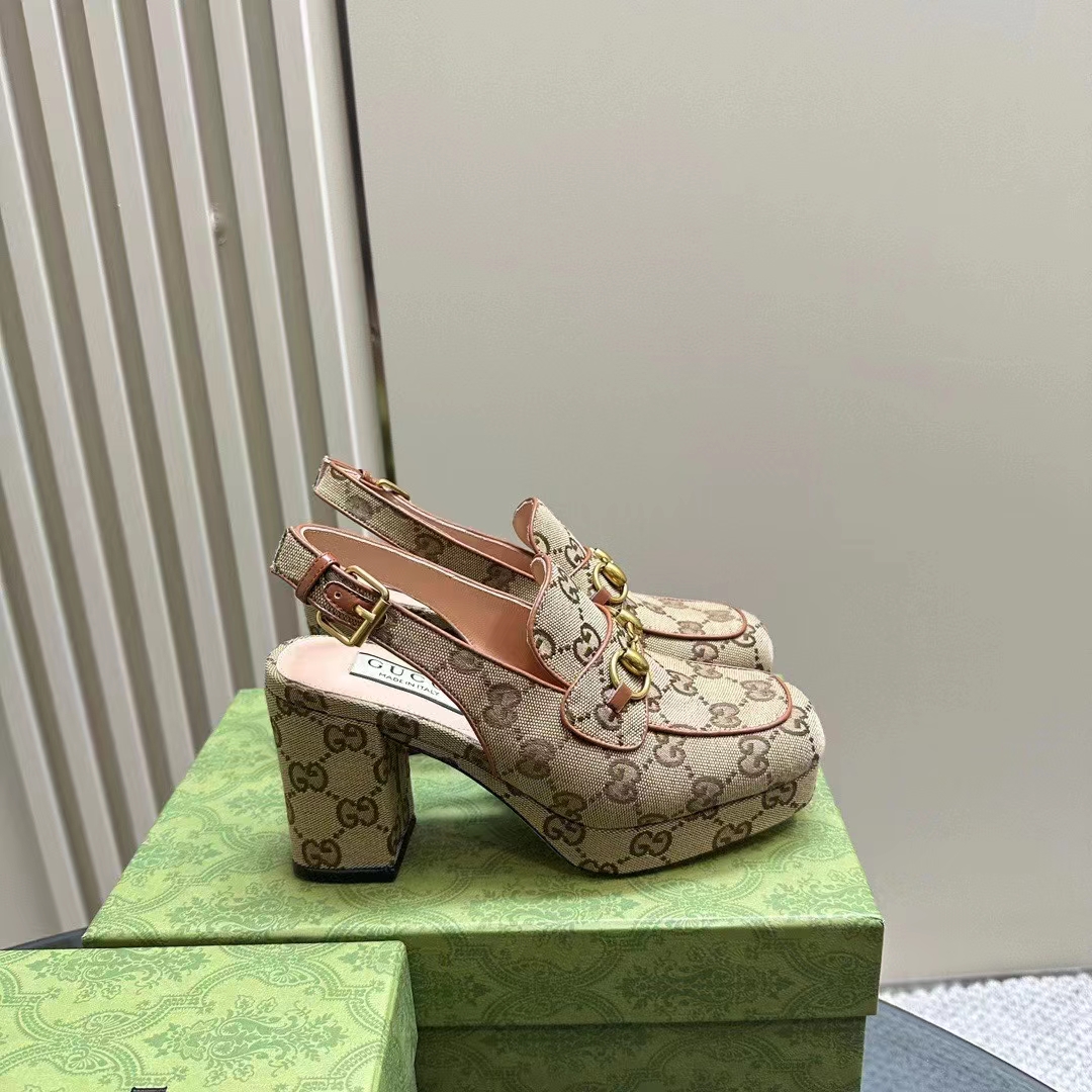 Gucci Women Horsebit Mule Beige Ebony Original GG Canvas Mid 8.4 CM Heel Style ‎776916 G1730 9755