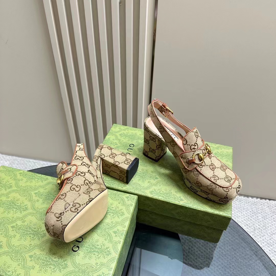 Gucci Women Horsebit Mule Beige Ebony Original GG Canvas Mid 8.4 CM Heel Style ‎776916 G1730 9755