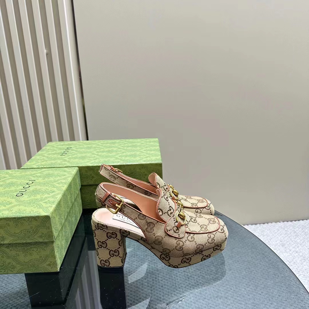 Gucci Women Horsebit Mule Beige Ebony Original GG Canvas Mid 8.4 CM Heel Style ‎776916 G1730 9755