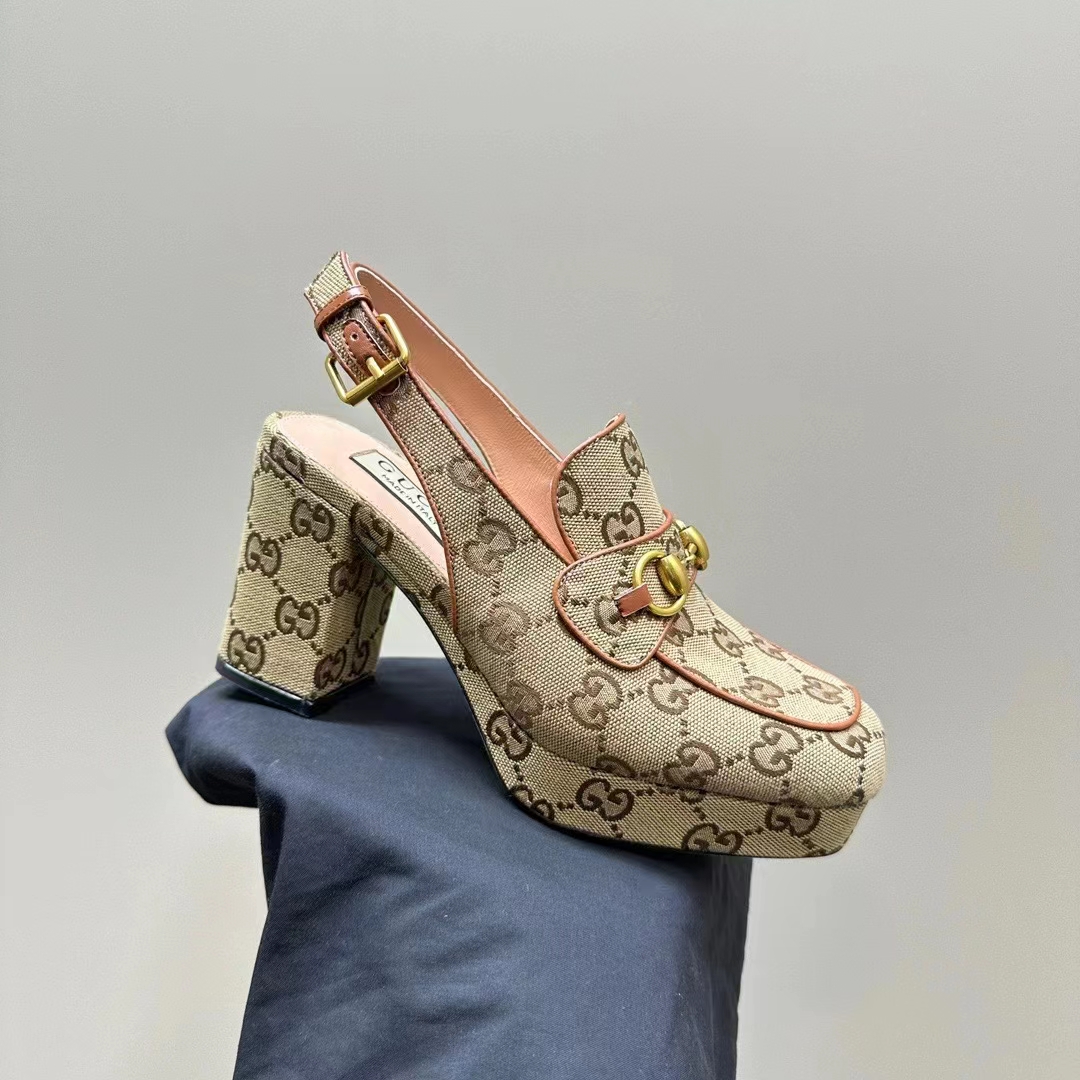 Gucci Women Horsebit Mule Beige Ebony Original GG Canvas Mid 8.4 CM Heel Style ‎776916 G1730 9755