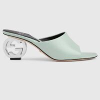 Gucci Women Interlocking G Heel Sandal Light Green Leather Mid 7.6 CM Heel (1)