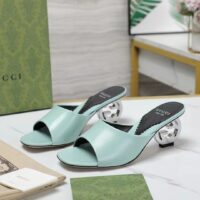 Gucci Women Interlocking G Heel Sandal Light Green Leather Mid 7.6 CM Heel (1)