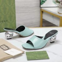 Gucci Women Interlocking G Heel Sandal Light Green Leather Mid 7.6 CM Heel (1)